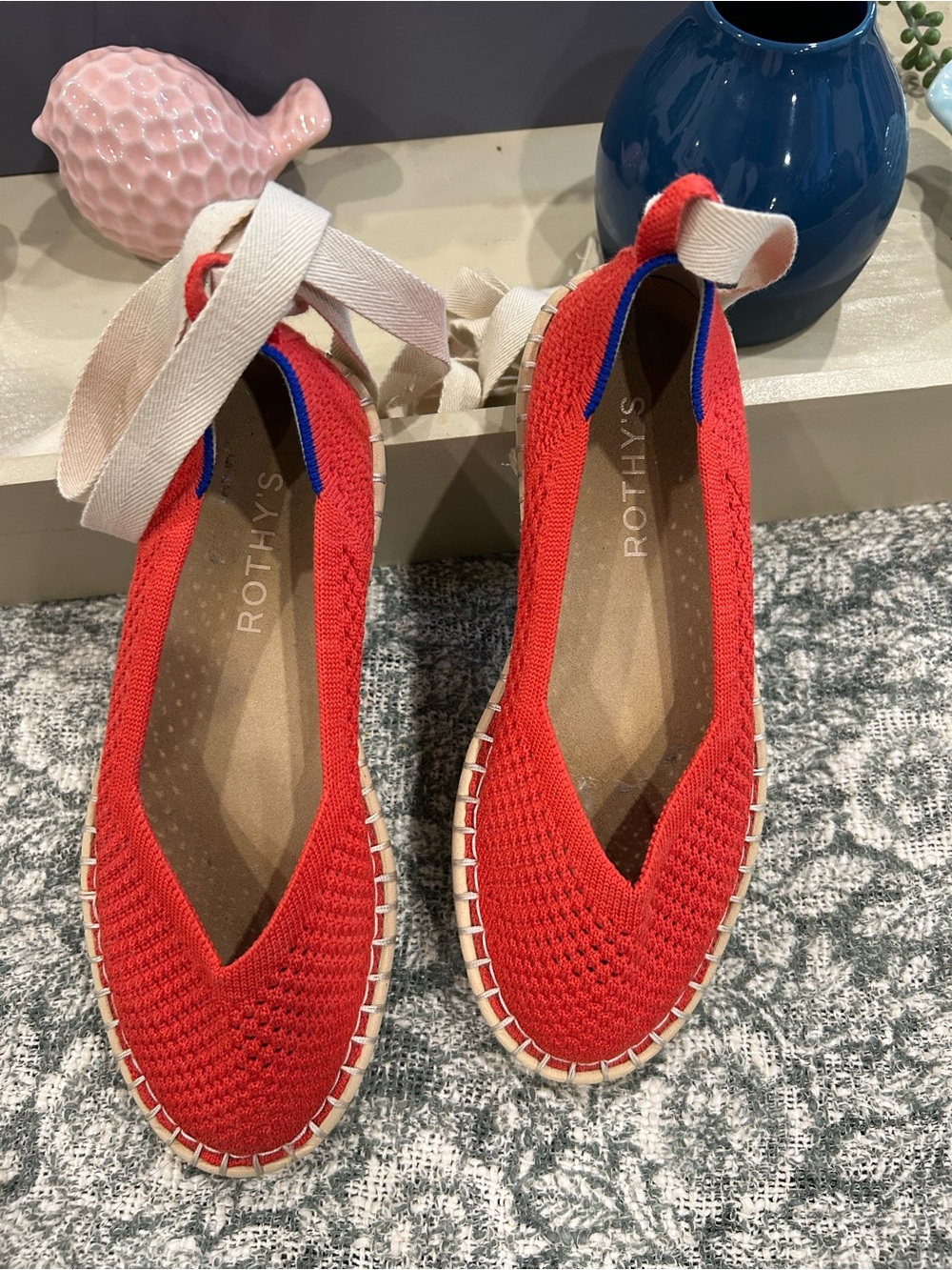 Rothy's Red Espadrille Flats with Cream Ankle Wrap
